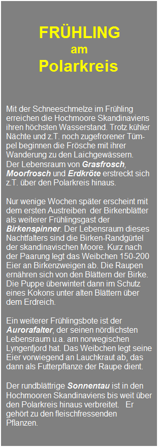 Textfeld: &nbsp;
&nbsp;
FR�HLING 
am 
Polarkreis&nbsp;
&nbsp;
Mit der Schneeschmelze im Fr�hling erreichen die Hochmoore Skandinaviens ihren h�chsten Wasserstand. Trotz k�hler N�chte und z.T. noch zugefrorener T�m-pel beginnen die Fr�sche mit ihrer Wanderung zu den Laichgew�ssern.&nbsp;&nbsp;&nbsp; Der Lebensraum von Grasfrosch, Moorfrosch und Erdkr�te erstreckt sich z.T. �ber den Polarkreis hinaus.&nbsp;&nbsp; 
Nur wenige Wochen sp�ter erscheint mit dem ersten Austreiben&nbsp; der Birkenbl�tter als weiterer Fr�hlingsgast der Birkenspinner. Der Lebensraum dieses Nachtfalters sind die Birken-Randg�rtel der skandinavischen Moore. Kurz nach der Paarung legt das Weibchen 150-200 Eier an Birkenzweigen ab. Die Raupen ern�hren sich von den Bl�ttern der Birke. Die Puppe �berwintert dann im Schutz eines Kokons unter alten Bl�ttern �ber dem Erdreich. 
Ein weiterer Fr�hlingsbote ist der Aurorafalter, der seinen n�rdlichsten Lebensraum u.a. am norwegischen Lyngenfjord hat. Das Weibchen legt seine Eier vorwiegend an Lauchkraut ab, das dann als Futterpflanze der Raupe dient.
Der rundbl�ttrige Sonnentau ist in den Hochmooren Skandinaviens bis weit �ber den Polarkreis hinaus verbreitet.&nbsp;&nbsp; Er geh�rt zu den fleischfressenden Pflanzen.&nbsp;&nbsp; 
&nbsp;&nbsp;&nbsp;&nbsp;
&nbsp;&nbsp;&nbsp;&nbsp;&nbsp;&nbsp;&nbsp;&nbsp;&nbsp;&nbsp;&nbsp;&nbsp;&nbsp;&nbsp;&nbsp;&nbsp;&nbsp;&nbsp;&nbsp;&nbsp; &nbsp;[mehr Bilder]
&nbsp;
&nbsp;
&nbsp;
&nbsp;
&nbsp;
&nbsp;
&nbsp;
&nbsp;
&nbsp;
&nbsp;
&nbsp;
&nbsp;
&nbsp;
&nbsp;
&nbsp;
&nbsp;
&nbsp;
&nbsp;
&nbsp;
&nbsp;
