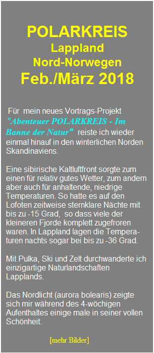 Textfeld: &nbsp;
&nbsp;
POLARKREIS 
Lappland 
Nord-Norwegen 
Feb./M�rz 2018
&nbsp;&nbsp;
&nbsp;
&nbsp;F�r&nbsp; mein neues Vortrags-Projekt
&nbsp;"Abenteuer POLARKREIS - Im
Banne der Natur" &nbsp;reiste ich wieder einmal hinauf in den winterlichen Norden Skandinaviens.
&nbsp;
Eine sibirische Kaltluftfront sorgte zum einen f�r relativ gutes Wetter, zum andern aber auch f�r anhaltende, niedrige Temperaturen. So hatte es auf den Lofoten zeitweise sternklare N�chte mit bis zu -15 Grad,&nbsp; so dass viele der kleineren Fjorde komplett zugefroren waren. In Lappland lagen die Tempera-
turen nachts sogar bei bis zu -36 Grad.
&nbsp;
Mit Pulka, Ski und Zelt durchwanderte ich einzigartige Naturlandschaften Lapplands. 
&nbsp;
Das Nordlicht (aurora bolearis) zeigte sich mir w�hrend des 4-w�chigen Aufenthaltes einige male in seiner vollen Sch�nheit.

&nbsp;&nbsp;&nbsp;&nbsp;&nbsp;&nbsp;&nbsp;&nbsp;&nbsp;&nbsp;&nbsp;&nbsp;&nbsp;&nbsp;&nbsp;&nbsp;&nbsp;&nbsp;&nbsp;&nbsp; &nbsp;[mehr Bilder]
&nbsp;
&nbsp;
&nbsp;
&nbsp;
&nbsp;
&nbsp;
&nbsp;
&nbsp;
&nbsp;
&nbsp;
&nbsp;
&nbsp;
&nbsp;
&nbsp;
&nbsp;
&nbsp;
&nbsp;
&nbsp;
&nbsp;
&nbsp;
&nbsp;
